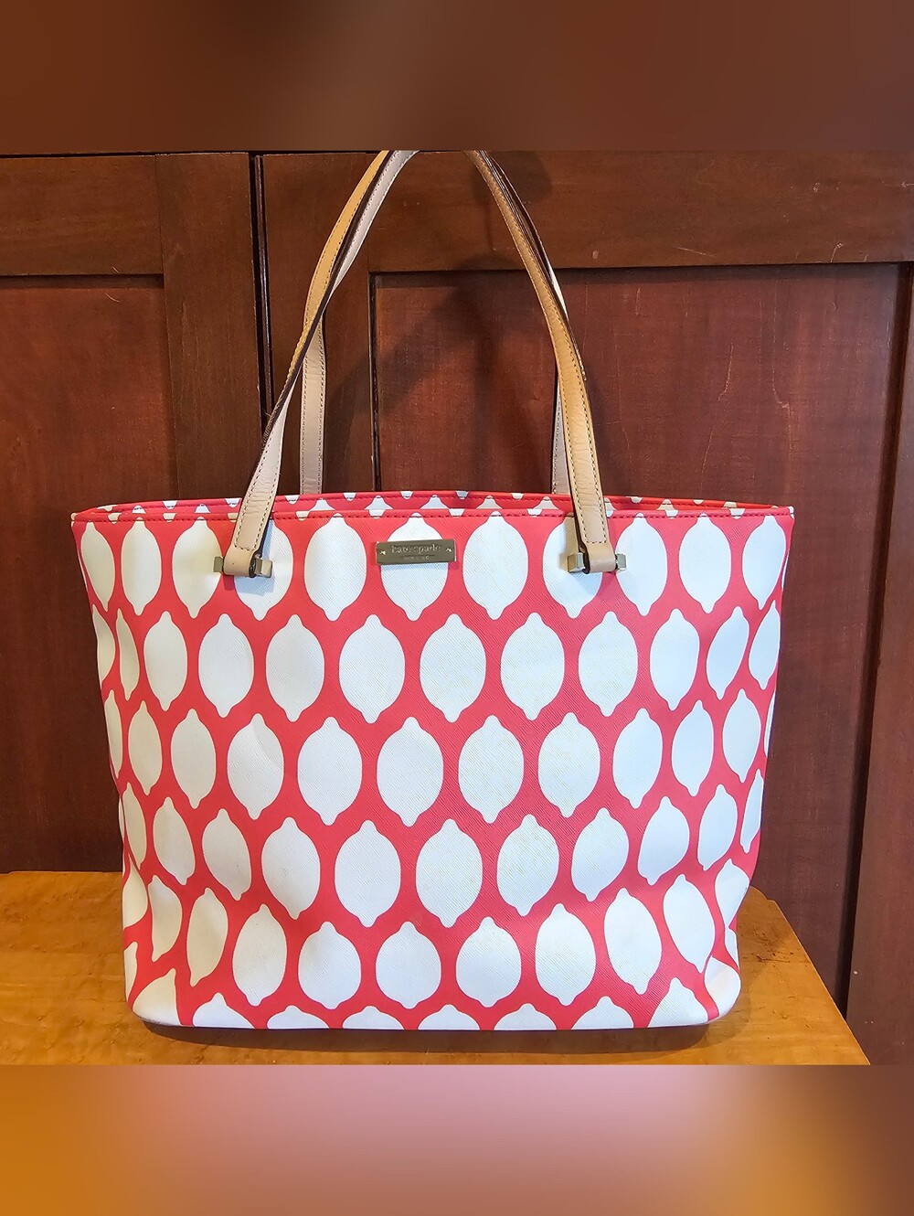 kate spade New York Coral and White Patterned Lemon Tote Bag